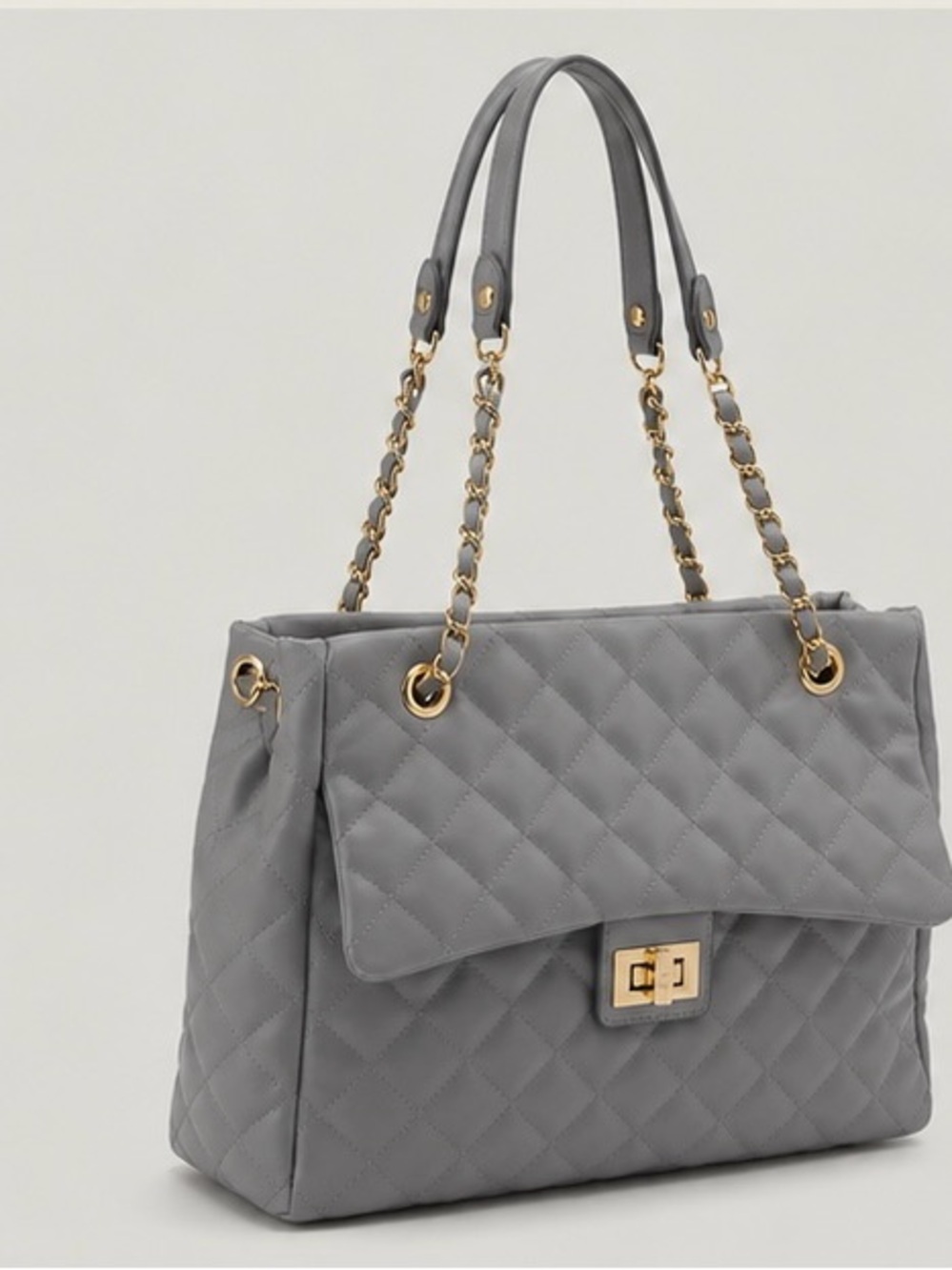 Quilted Shoulder Tote with Gold Chain Handles - Gray